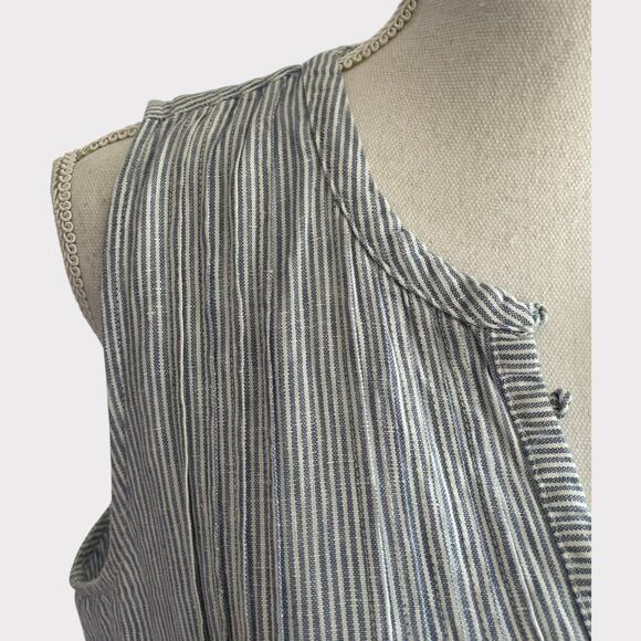 Faherty Isha Dress Blue Mini Stripe Linen Sleeveless V Neck Size Medium Pockets - Picture 5 of 13